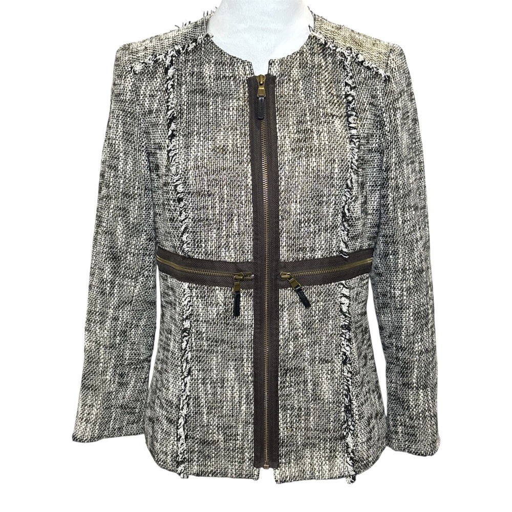 Etcetera Tweed Jacket 4 Leather Trim Zip Front Fringe Hem Blazer 100% Cotton